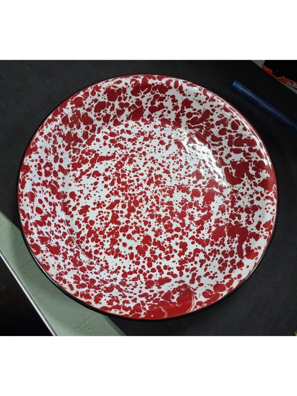Red and White Splatterware Enamel Pie Pan 10in
